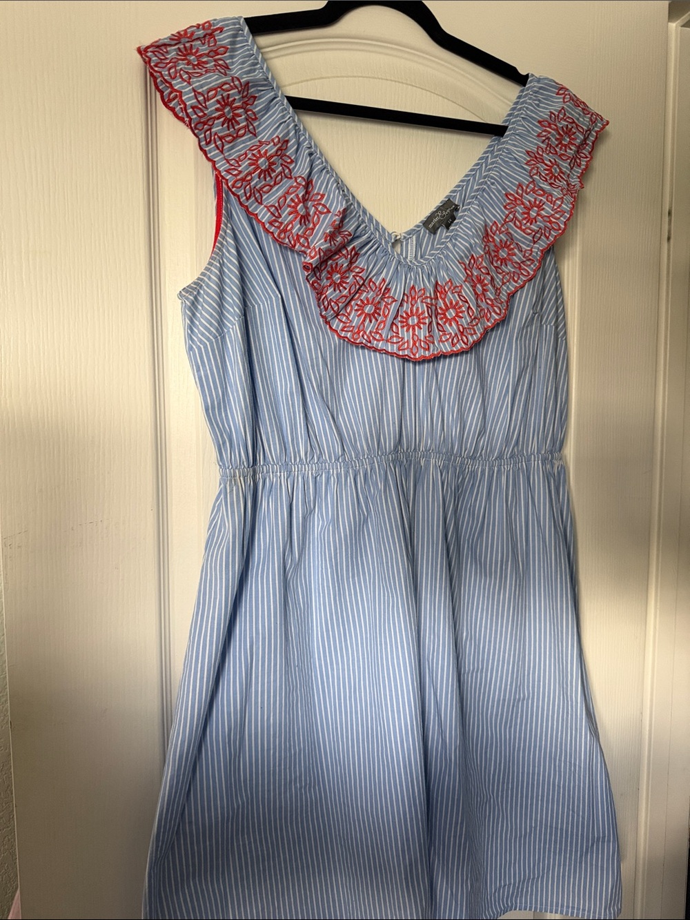 Market & Spruce | Blue-and-White Stripe Dress with Red Embroidered Ruffle